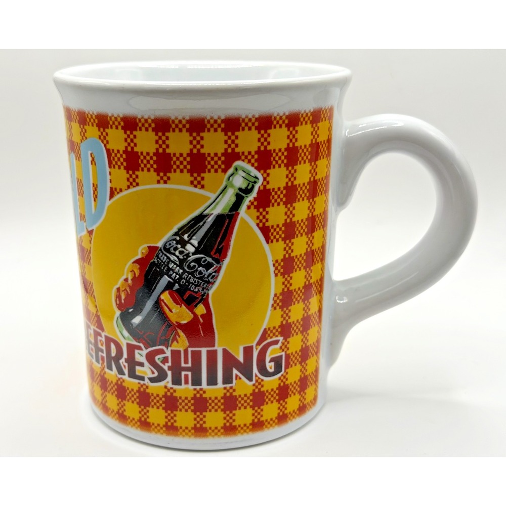 Coca~Cola Coffee Mug "Refreshing" Ice Cold Red/Yellow Check Gibson 14oz. Vintage - Picture 3 of 6